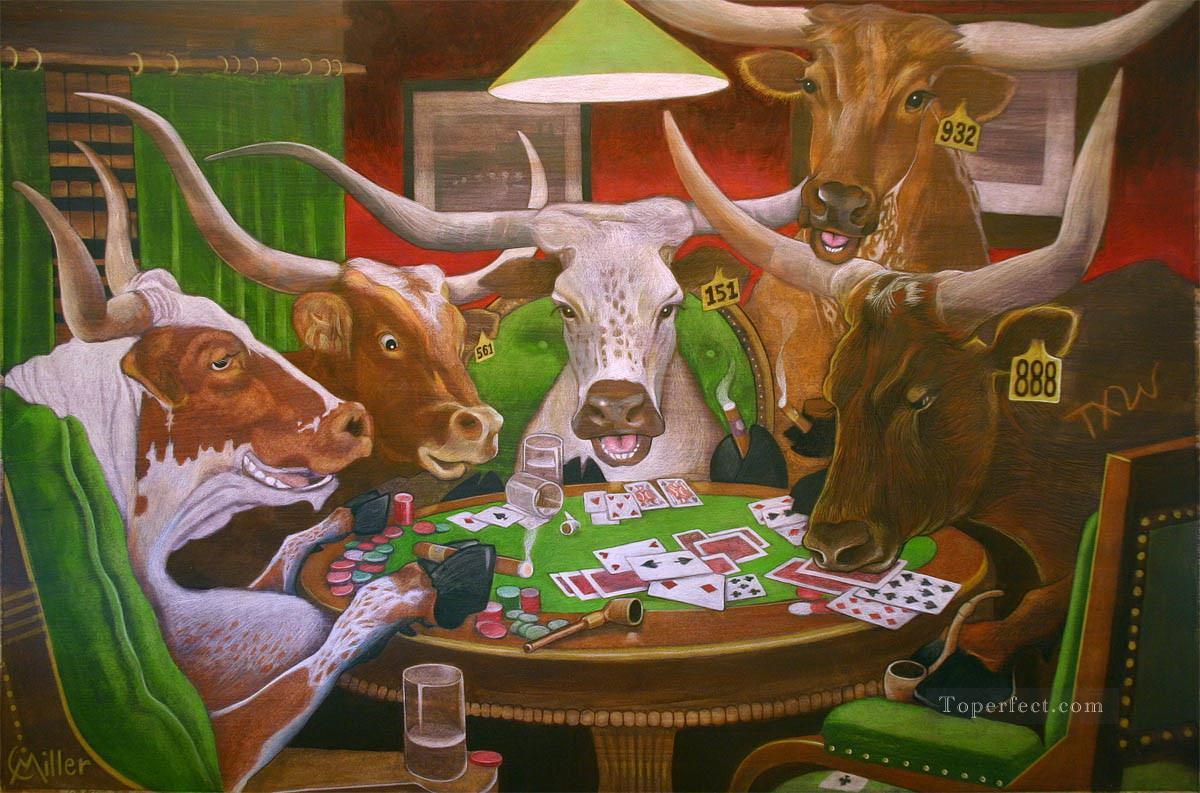 bovins longhorns jouant au poker Peintures à l'huile